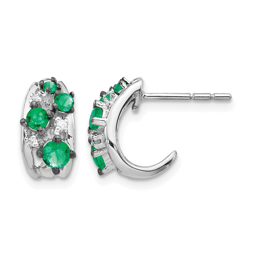 14k White Gold Real Diamond and Emerald Polished Post Hoop Earrings