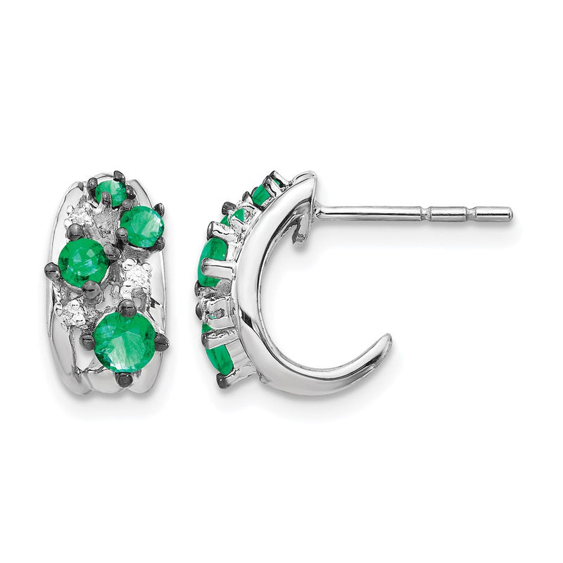 14k White Gold Real Diamond and Emerald Polished Post Hoop Earrings