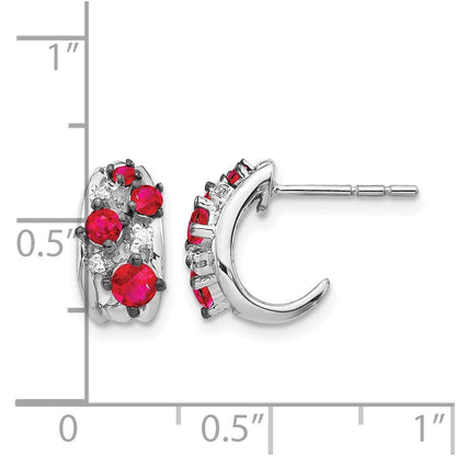 14k White Gold Real Diamond and Ruby Polished Post Hoop Earrings