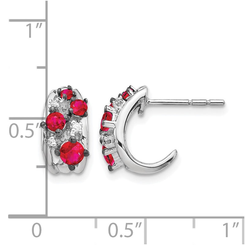 14k White Gold Real Diamond and Ruby Polished Post Hoop Earrings