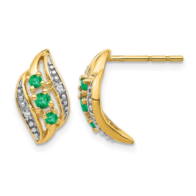 14k Yellow Gold w/ Emerald and Real Diamond Polished Post Earrings