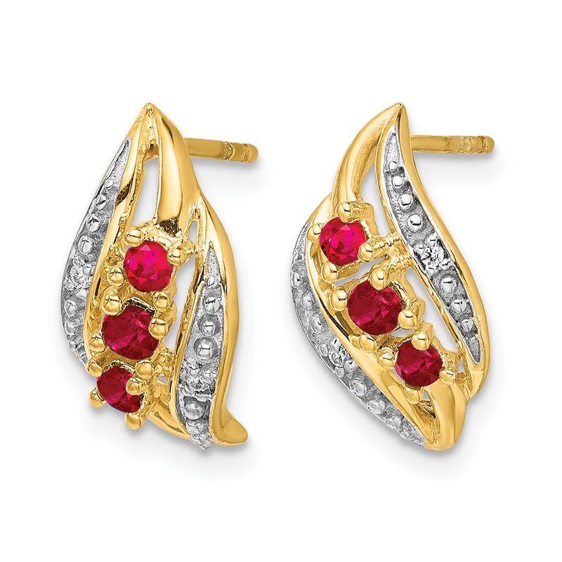 14k Yellow Gold w/ Siam Ruby and Real Diamond Polished Post Earrings