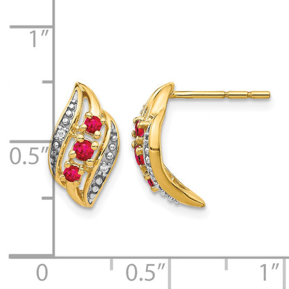 14k Yellow Gold w/ Siam Ruby and Real Diamond Polished Post Earrings