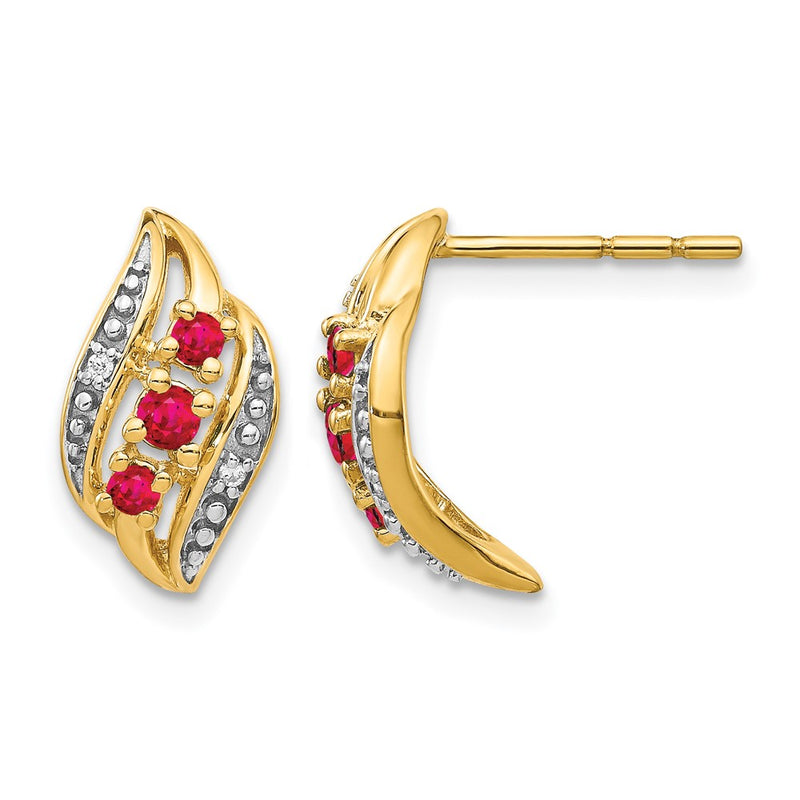 14k Yellow Gold w/ Siam Ruby and Real Diamond Polished Post Earrings