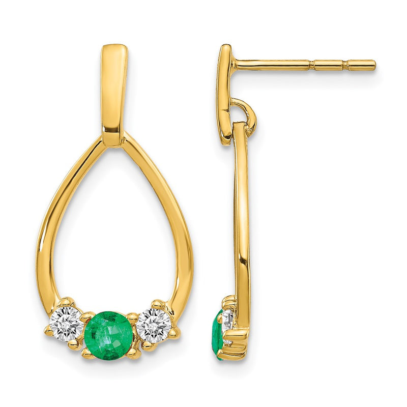 14k Yellow Gold Emerald and White Sapphire Post Dangle Earrings
