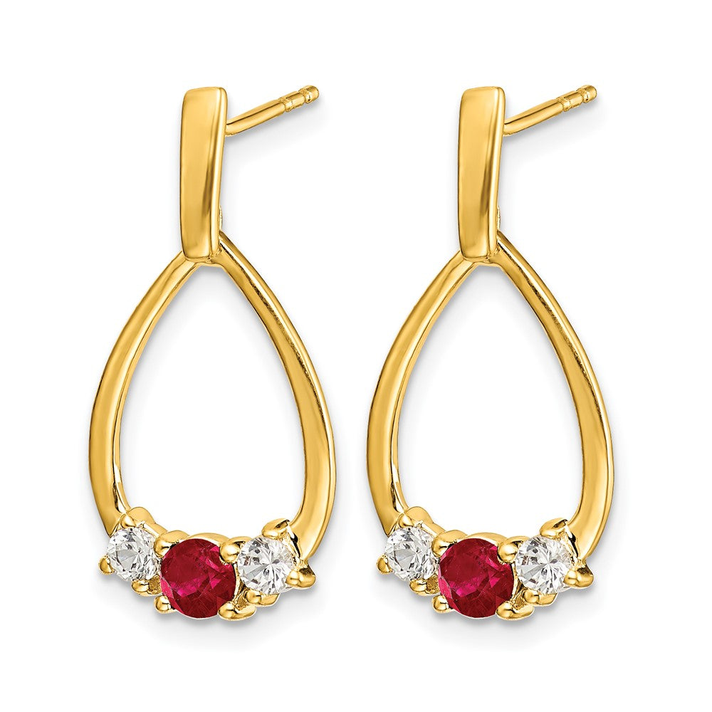 Solid 14k Yellow Gold Simulated Ruby and White Sapphire Post Dangle Earrings