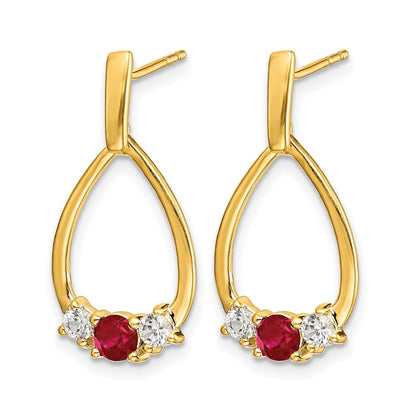 Solid 14k Yellow Gold Simulated Ruby and White Sapphire Post Dangle Earrings