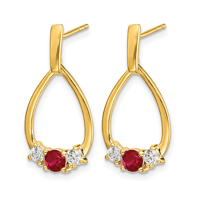 Solid 14k Yellow Gold Simulated Ruby and White Sapphire Post Dangle Earrings