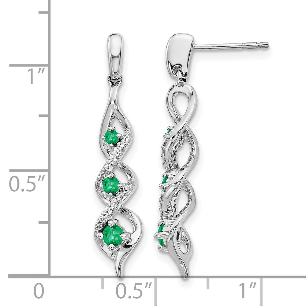10K White Gold Diamond And Emerald 3 Stone Post Dangle Earrings