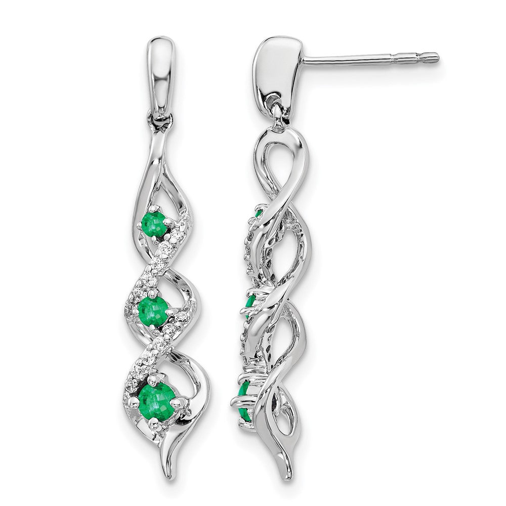 10K White Gold Diamond And Emerald 3 Stone Post Dangle Earrings