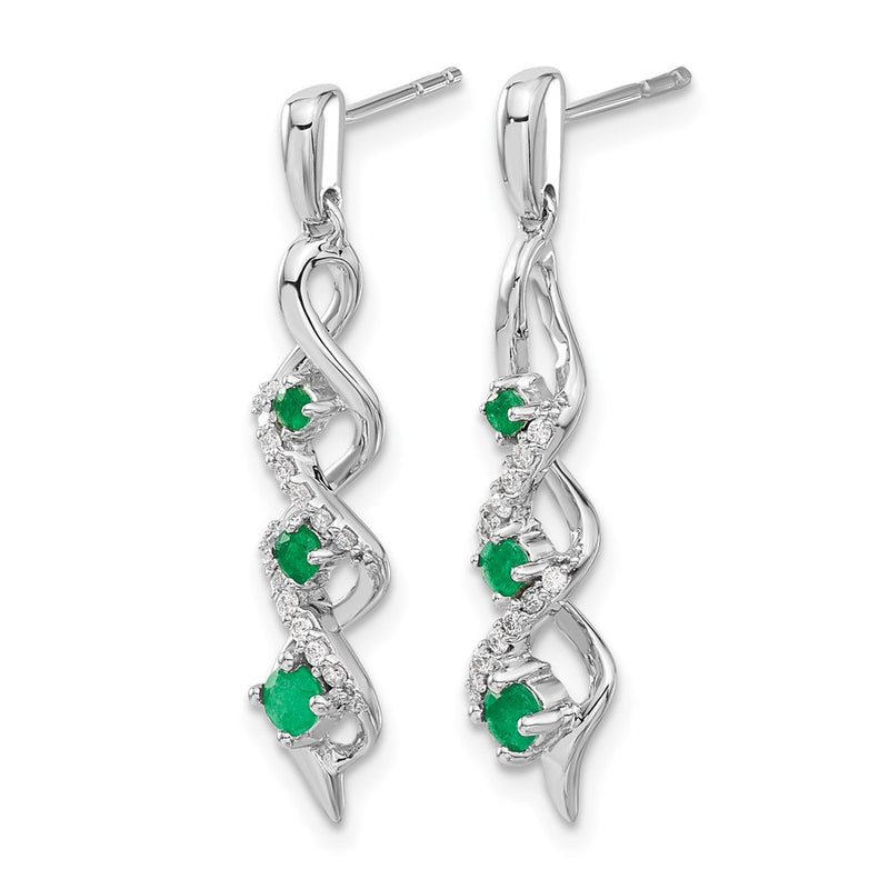 14k White Gold Real Diamond and Emerald Post Dangle Earrings