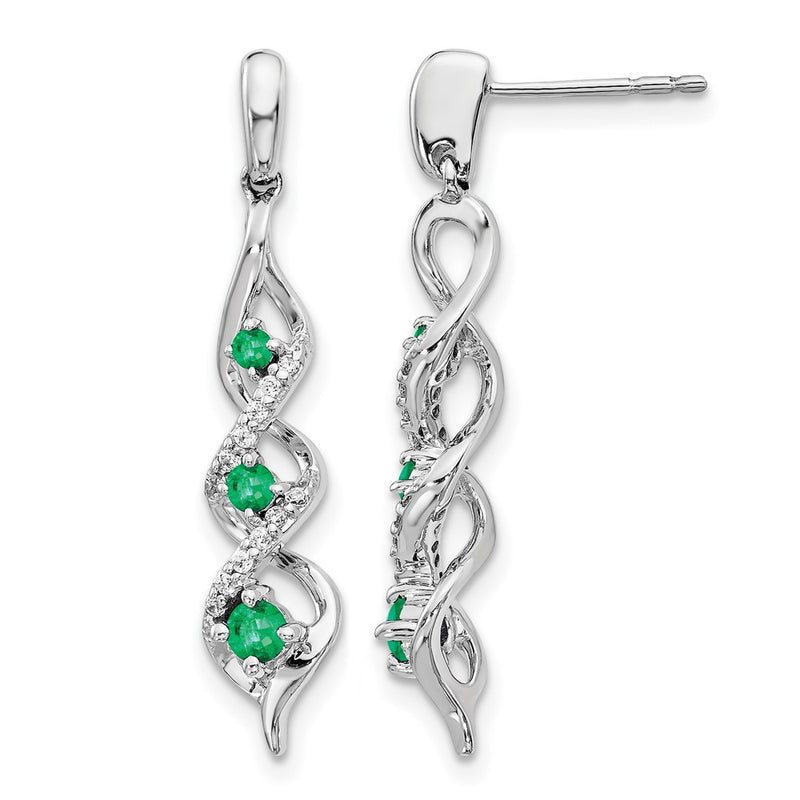 14k White Gold Real Diamond and Emerald Post Dangle Earrings