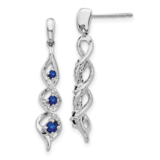 10K White Gold Diamond And Blue Sapphire 3 Stone Post Dangle Earrings