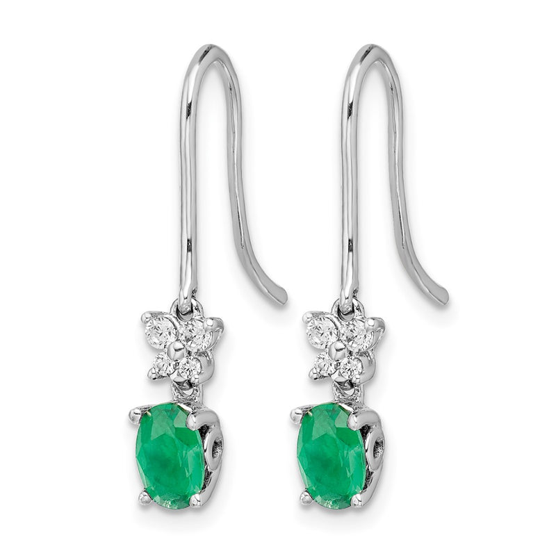 14k White Gold 1/8ct Real Diamond and Oval Emerald Dangle Earrings