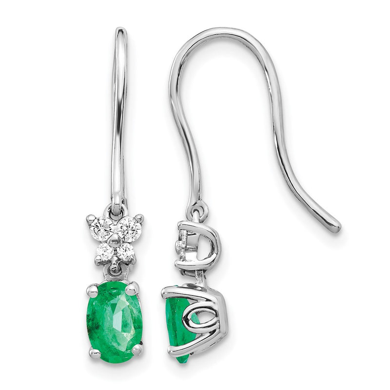 14k White Gold 1/8ct Real Diamond and Oval Emerald Dangle Earrings