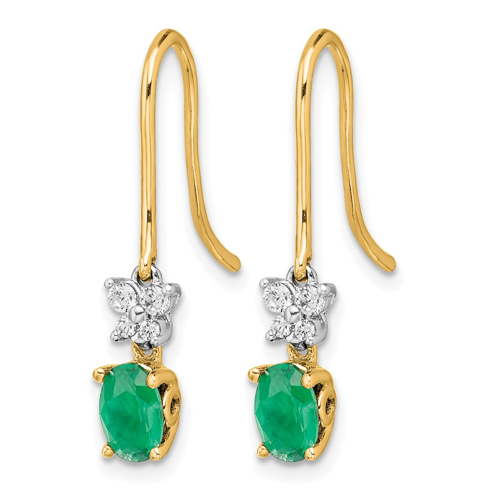 14k Yellow Gold 1/8ct Real Diamond and Oval Emerald Shepherd Hook Earrings