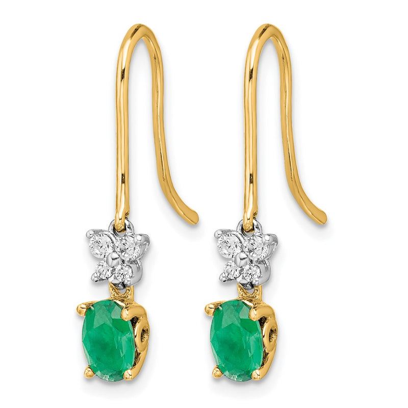 14k Yellow Gold 1/8ct Real Diamond and Oval Emerald Shepherd Hook Earrings