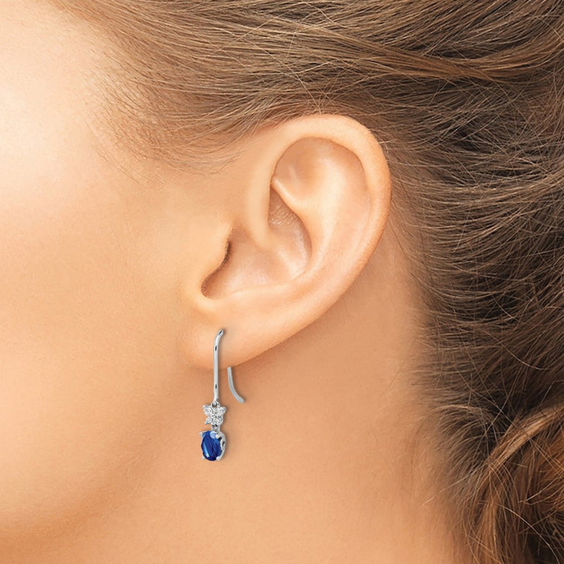 14k White Gold Real Diamond and Oval Sapphire Shepherd Hook Earrings