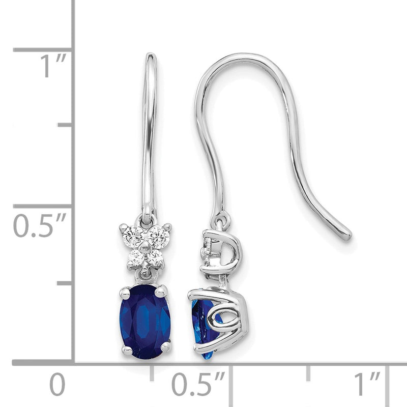 14k White Gold Real Diamond and Oval Sapphire Shepherd Hook Earrings