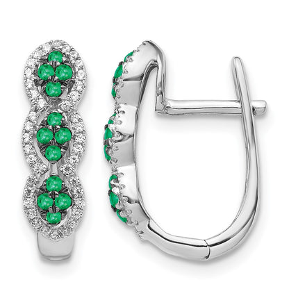 14k White Gold Real Diamond and Emerald Hinged Earrings