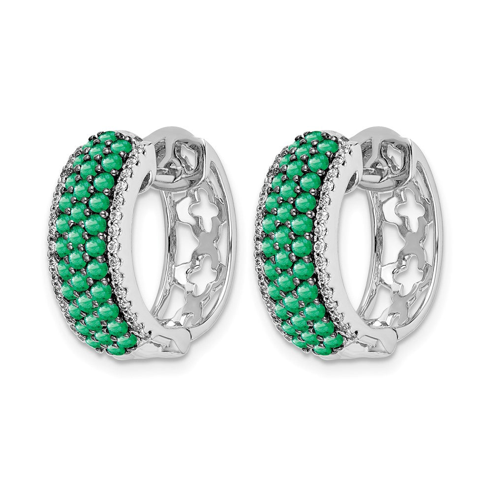 14k White Gold Real Diamond and Emerald Hinged Hoop Earrings