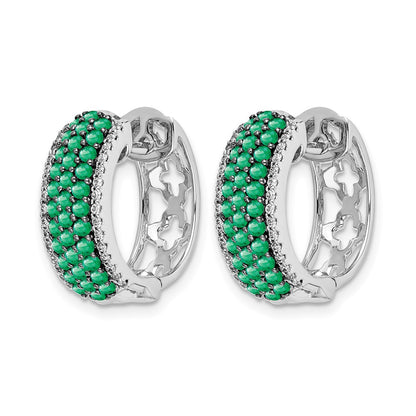 14k White Gold Real Diamond and Emerald Hinged Hoop Earrings