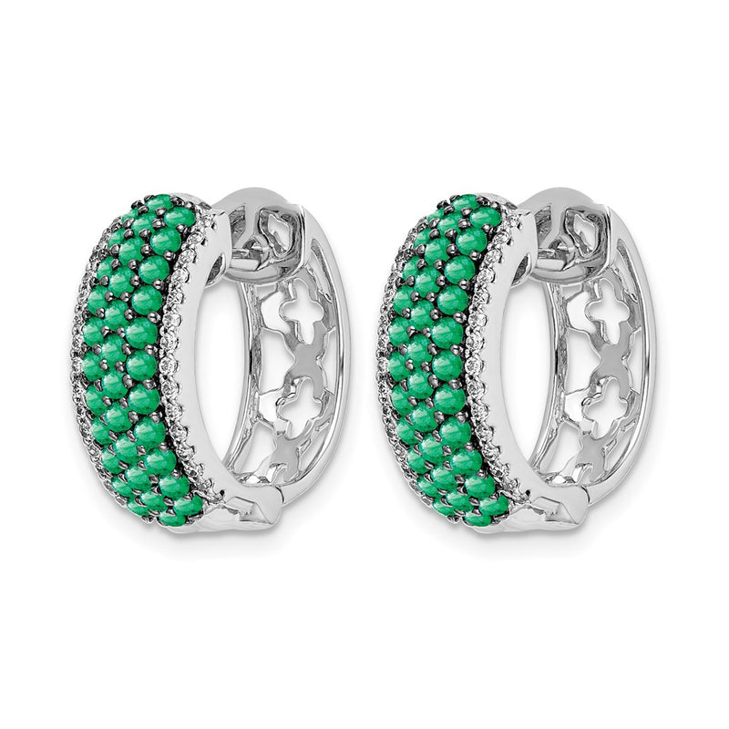 14k White Gold Real Diamond and Emerald Hinged Hoop Earrings