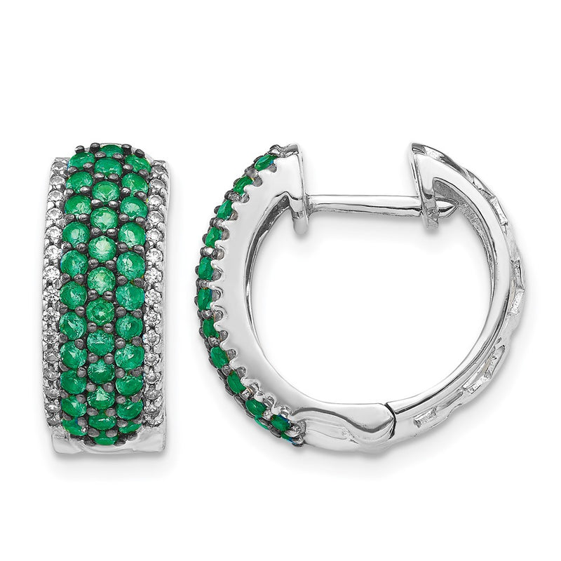 14k White Gold Real Diamond and Emerald Hinged Hoop Earrings