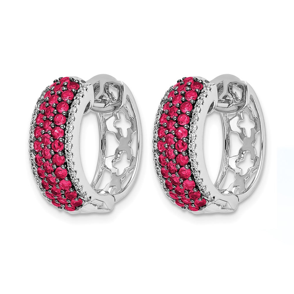 14k White Gold Real Diamond and Ruby Hinged Hoop Earrings