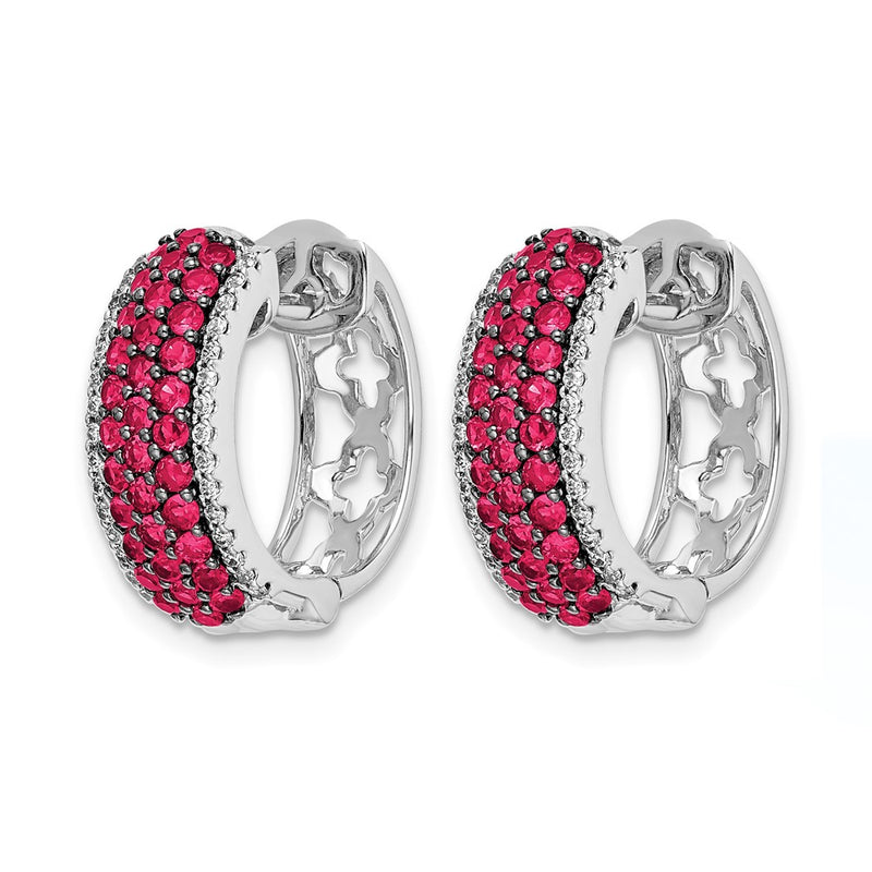 14k White Gold Real Diamond and Ruby Hinged Hoop Earrings