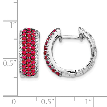 14k White Gold Real Diamond and Ruby Hinged Hoop Earrings