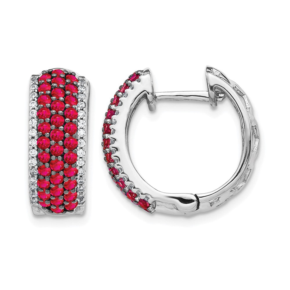 14k White Gold Real Diamond and Ruby Hinged Hoop Earrings