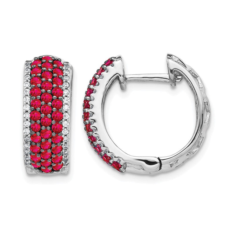 14k White Gold Real Diamond and Ruby Hinged Hoop Earrings