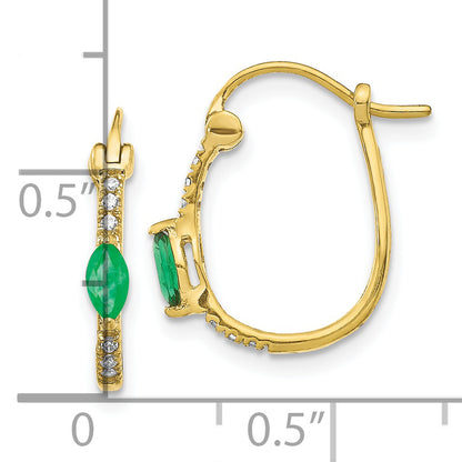 10K Yellow Gold 1/20Ct Diamond And Emerald Hinged Hoop Earrings