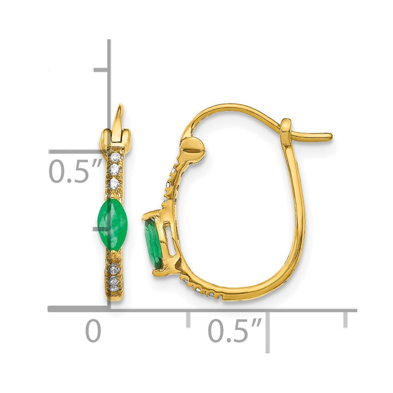 14k Yellow Gold 1/20ct Real Diamond and Emerald Hinged Hoop Earrings