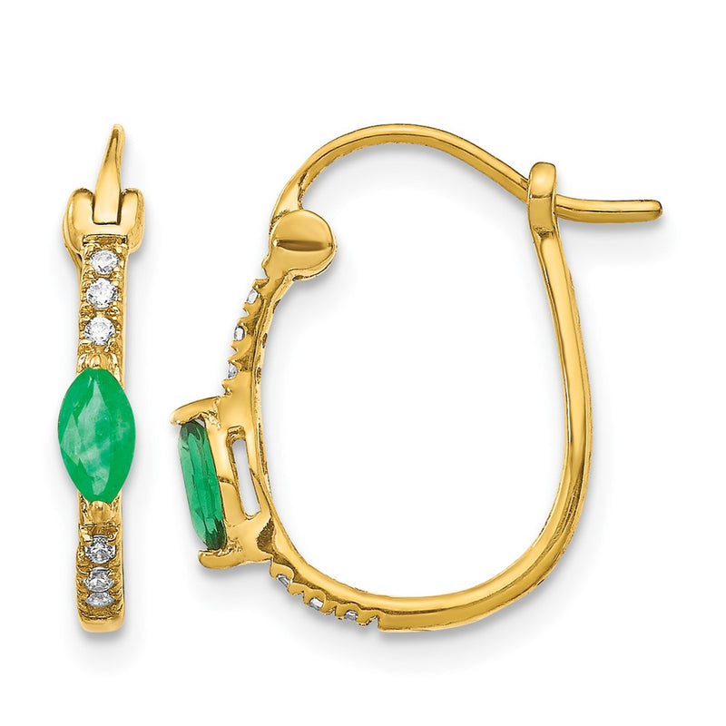 14k Yellow Gold 1/20ct Real Diamond and Emerald Hinged Hoop Earrings