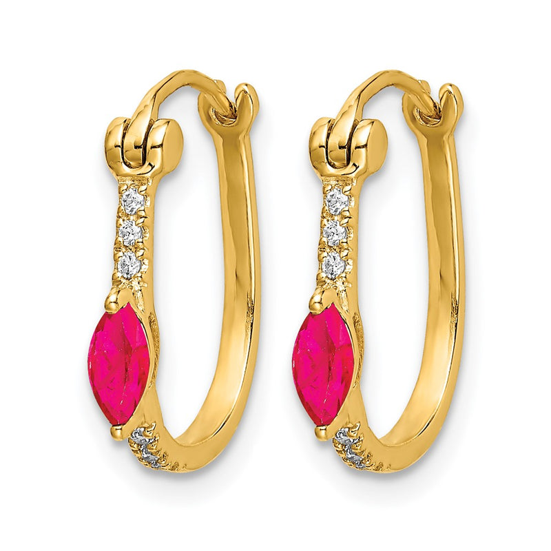 14k Yellow Gold 1/20ct Real Diamond and Ruby Hinged Hoop Earrings