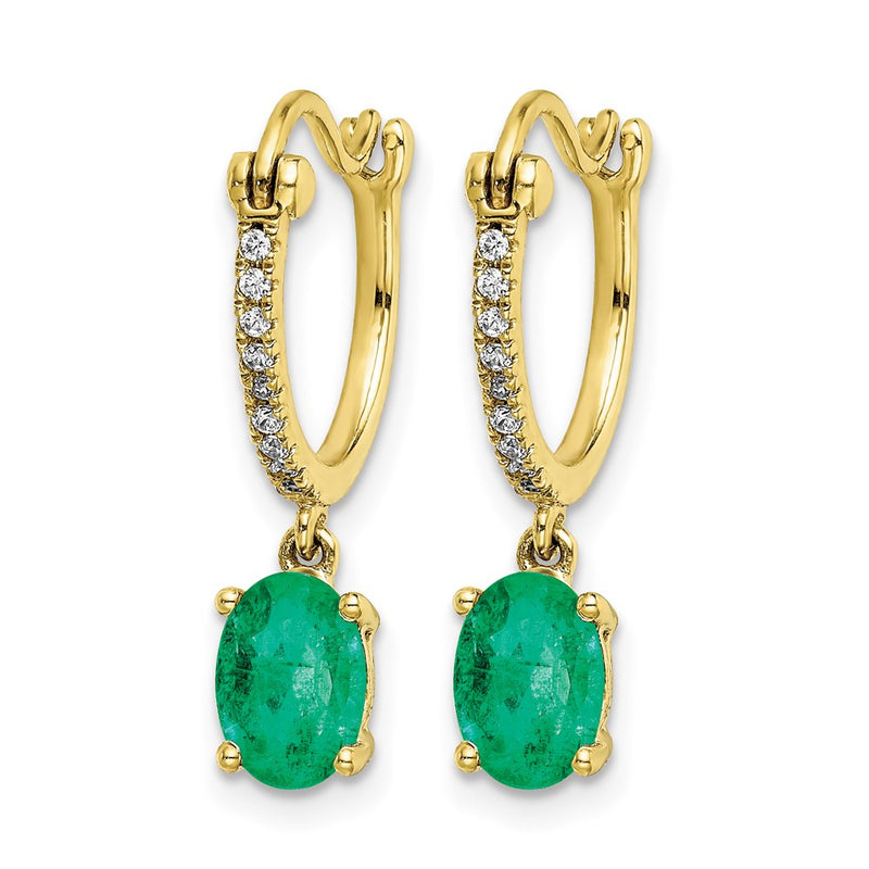 14k Yellow Gold 1/10ct Real Diamond and Emerald Dangle Hoop Earrings