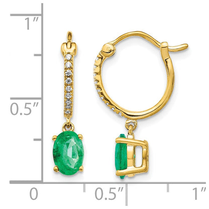 14k Yellow Gold 1/10ct Real Diamond and Emerald Dangle Hoop Earrings