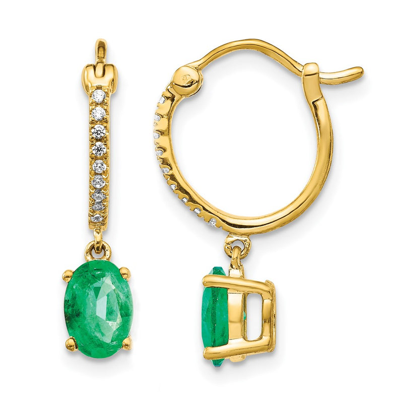 14k Yellow Gold 1/10ct Real Diamond and Emerald Dangle Hoop Earrings
