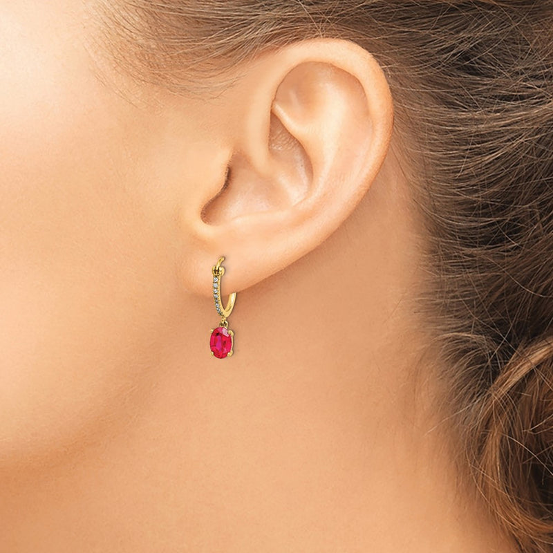 14k Yellow Gold 1/10ct Real Diamond and Ruby Dangle Hoop Earrings