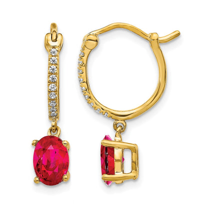 14k Yellow Gold 1/10ct Real Diamond and Ruby Dangle Hoop Earrings