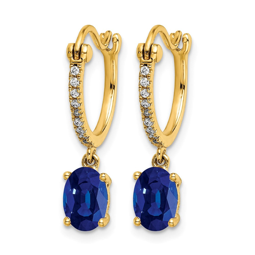 14k Yellow Gold 1/10ct Real Diamond and Sapphire Dangle Hoop Earrings