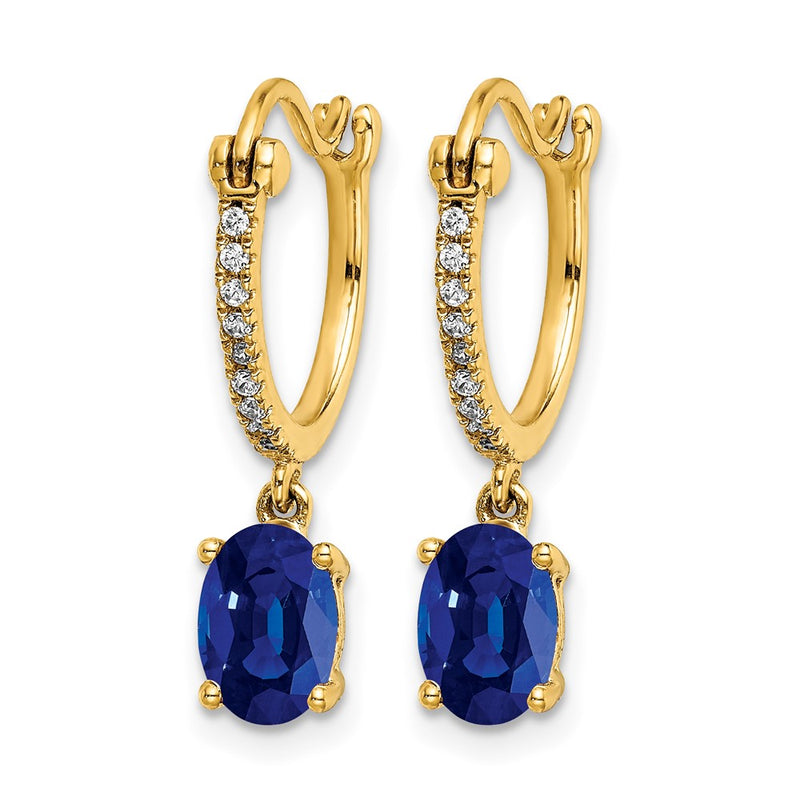14k Yellow Gold 1/10ct Real Diamond and Sapphire Dangle Hoop Earrings