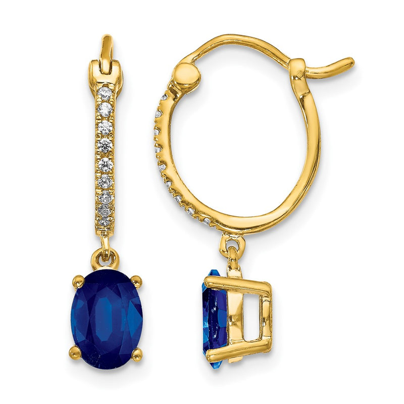 14k Yellow Gold 1/10ct Real Diamond and Sapphire Dangle Hoop Earrings