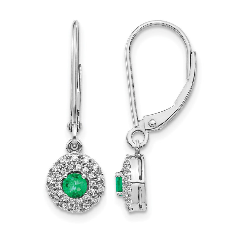 14k White Gold Real Diamond Halo Emerald Leverback Dangle Earrings