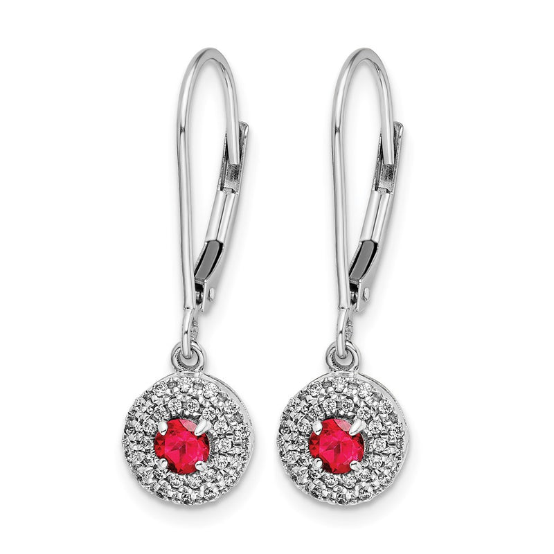 14k White Gold Real Diamond Halo Ruby Leverback Dangle Earrings