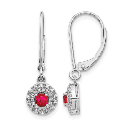14k White Gold Real Diamond Halo Ruby Leverback Dangle Earrings