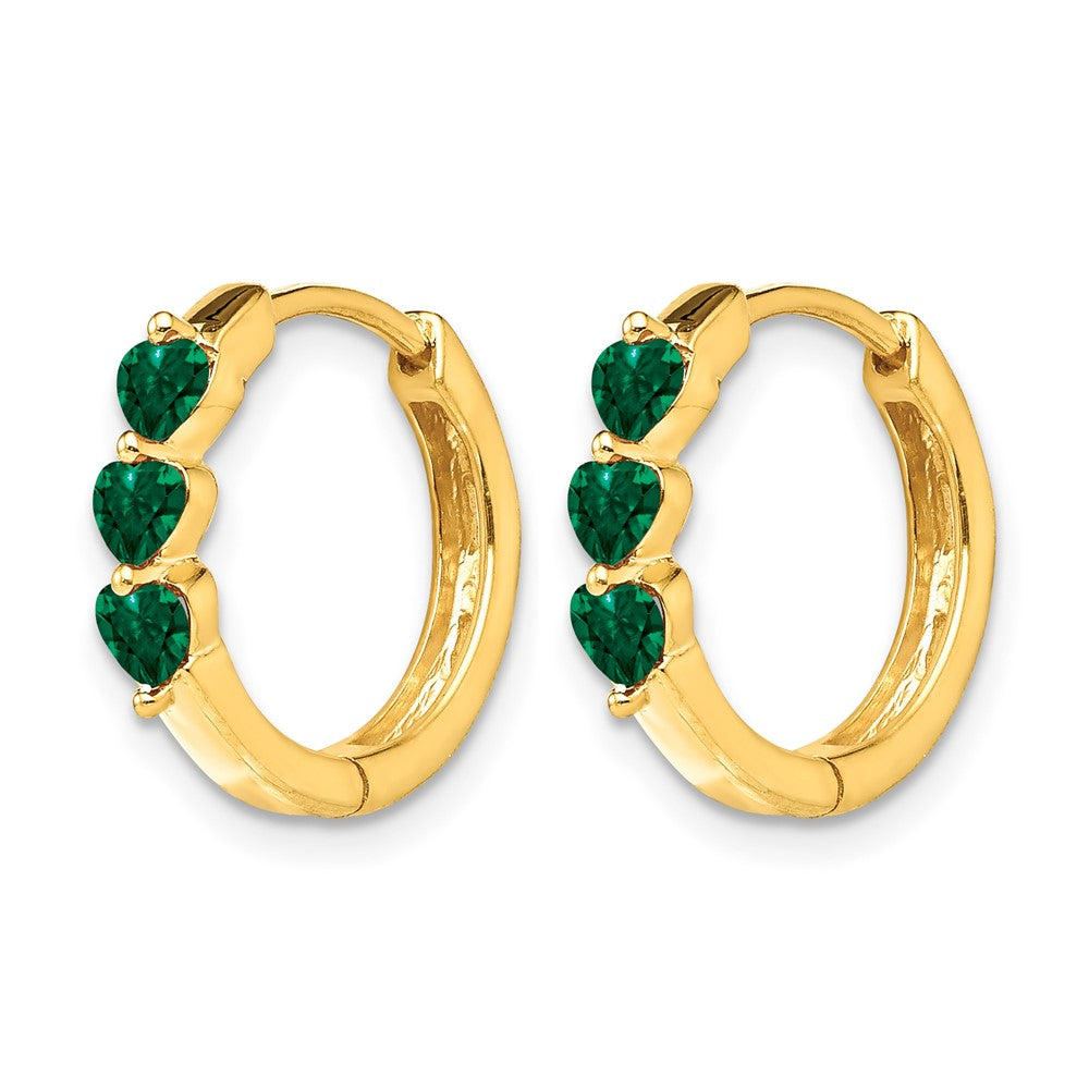 14k Yellow Gold Created Emerald Polished Hinged Hoop Earrings