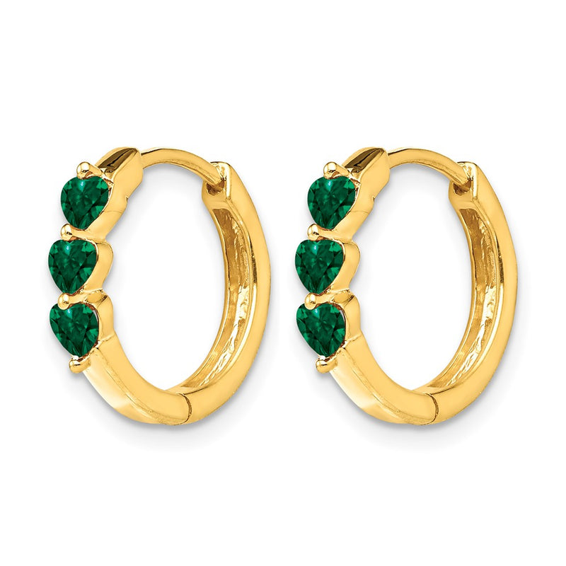 14k Yellow Gold Created Emerald Polished Hinged Hoop Earrings